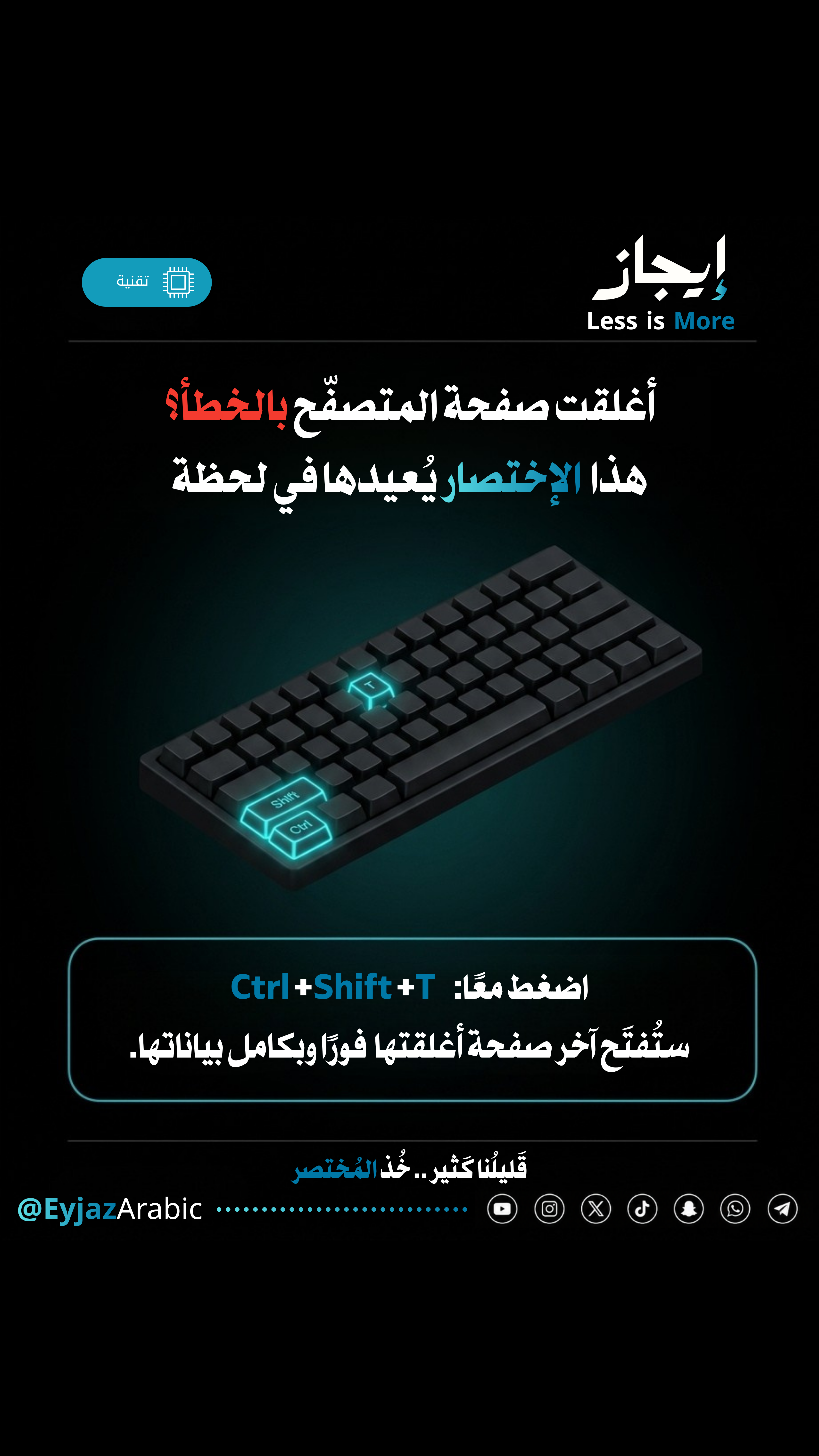 إيجاز - بطاقة اختصار Ctrl + Shift + T لاسترجاع نافذة المتصفح المغلقة بالخطأ